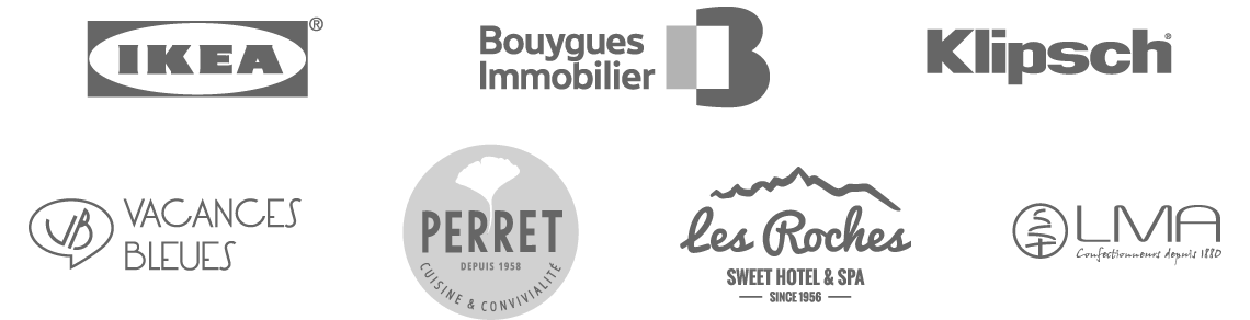 Logotypes clients (Ikea, Bouygues Immobilier, Klipsch, Vacances Bleues, Perret, Les Roches hôtel, LMA)