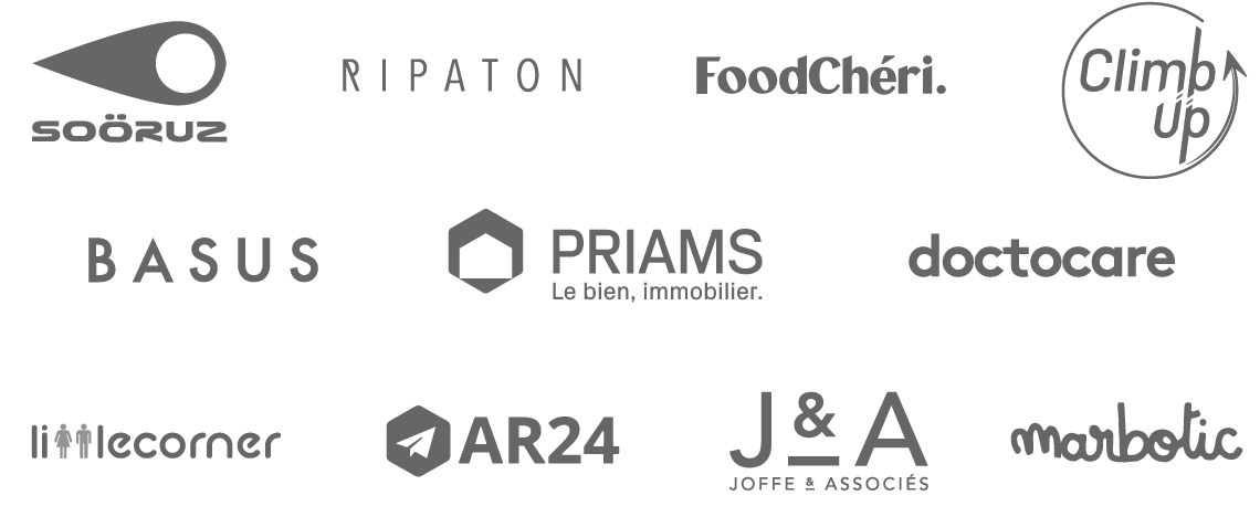Logotypes clients (Soöruz, Ripaton, FoodChéri, Climb-Up, Basus, Priams, Doctocare, Little Corner, AR24, Joffe & Associés, Marbotic)