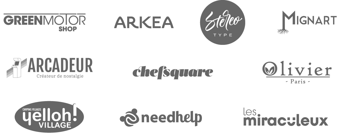 Logotypes clients (GreenMotorShop, Arkea, Stereo Type, Mignart, Arcadeur, ChefSquare, Olivier Paris, Yelloh Village, NeedHelp, Les Miraculeux)