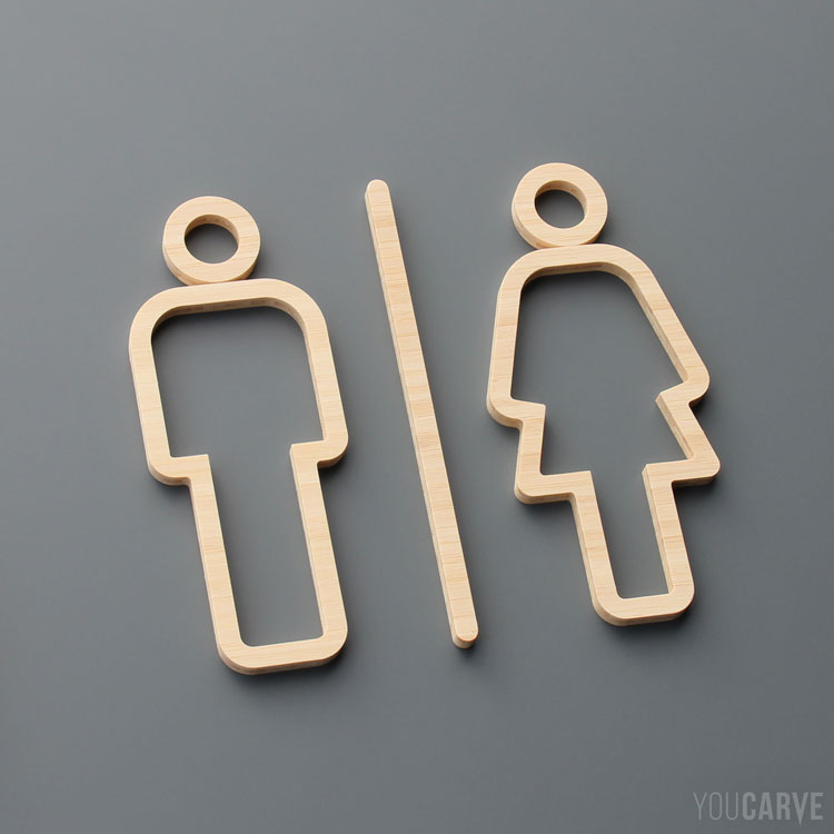 Signalétique toilettes-WC homme-femme, pictogramme découpé en bois (bambou teinte naturel ép. 7 mm)