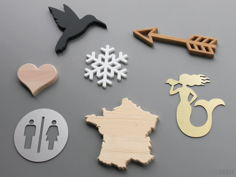 Découpe de formes (icônes, pictogrammes) en bois, PVC, aluminium, pour l'enseigne, la décoration ou la signalétique