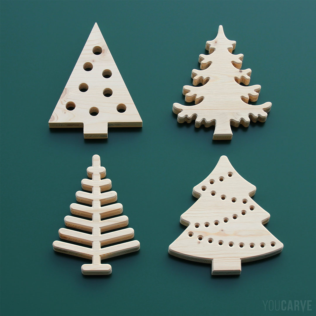 Décorations de Noël, formes de sapins découpées en bois (épicéa 3 plis épaisseur 19 mm).