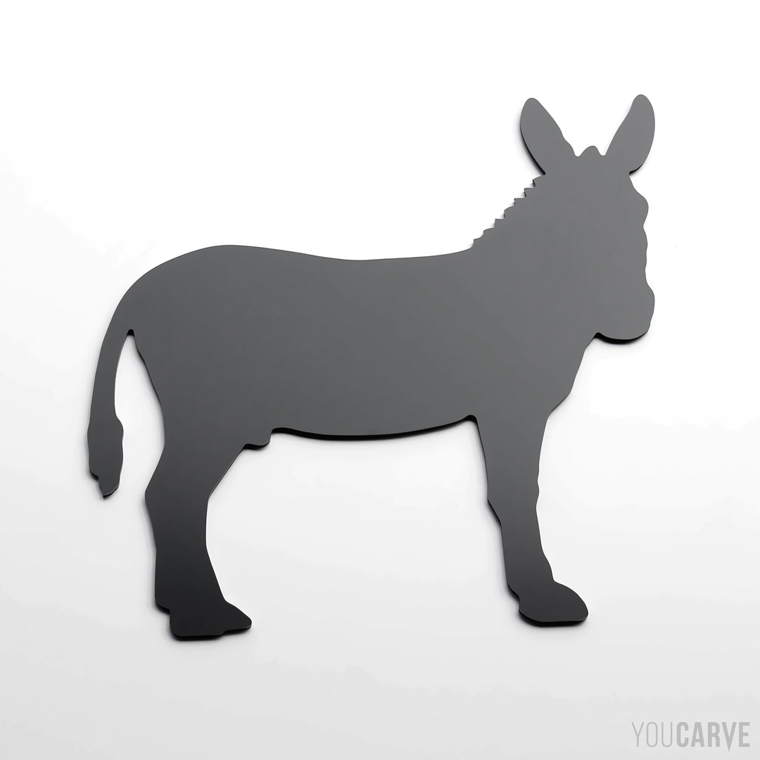 Forme/silhouette d’âne (donkey) découpée en aluminium-dibond laqué gris anthracite RAL 7016 mat (épaisseur 3 mm), pour l’enseigne, la signalétique et la décoration.