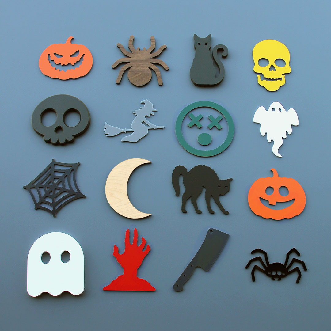 Collection de formes décoratives et événementielles sur le thème d’Halloween, découpe numérique en divers matériaux.